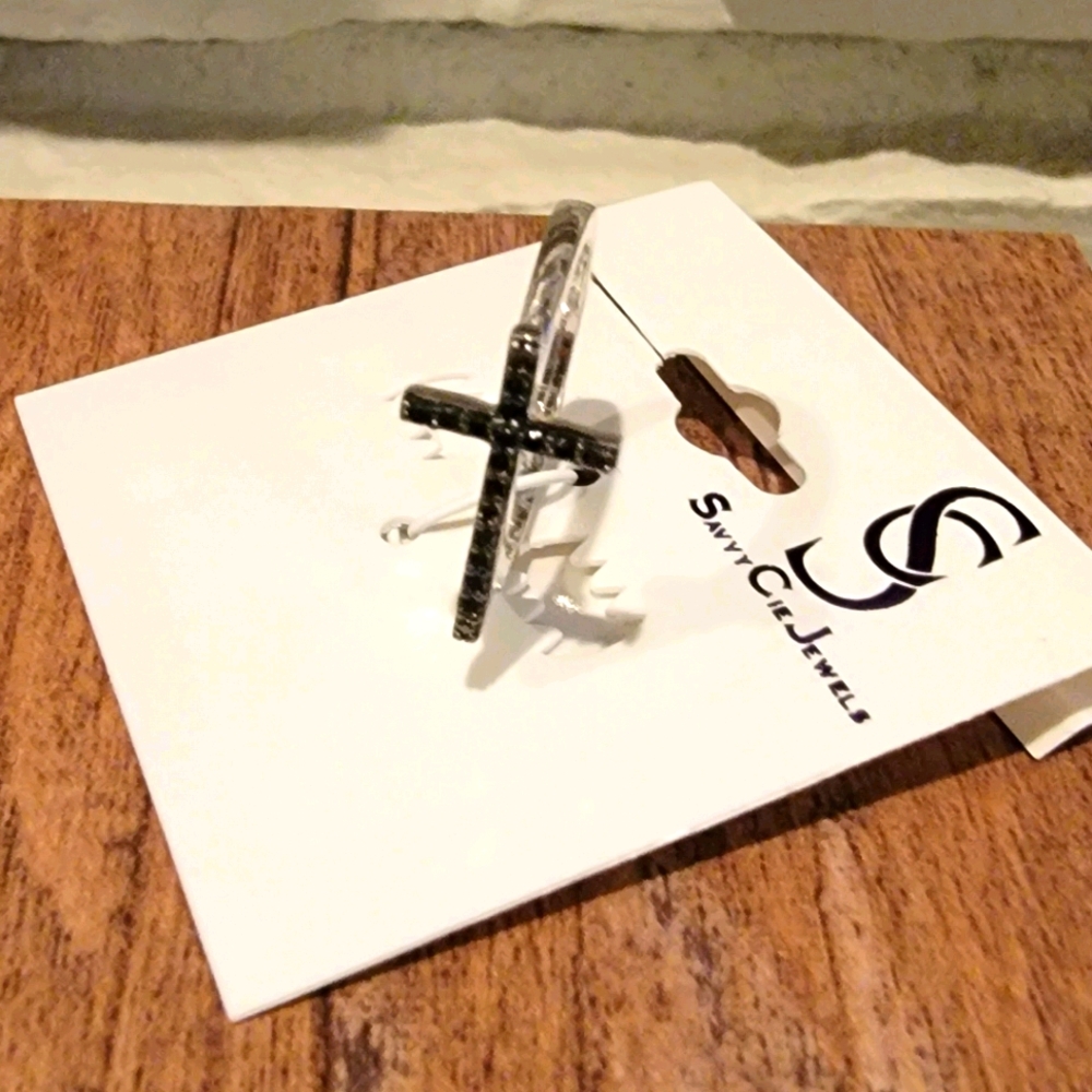 Sterling Silver Cross Ring, black diamond 6